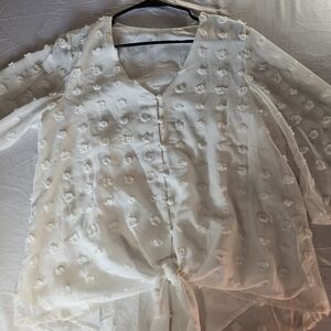 White Swiss Dot Sheer Blouse Women’s M Button Front Tie Sleeve Top